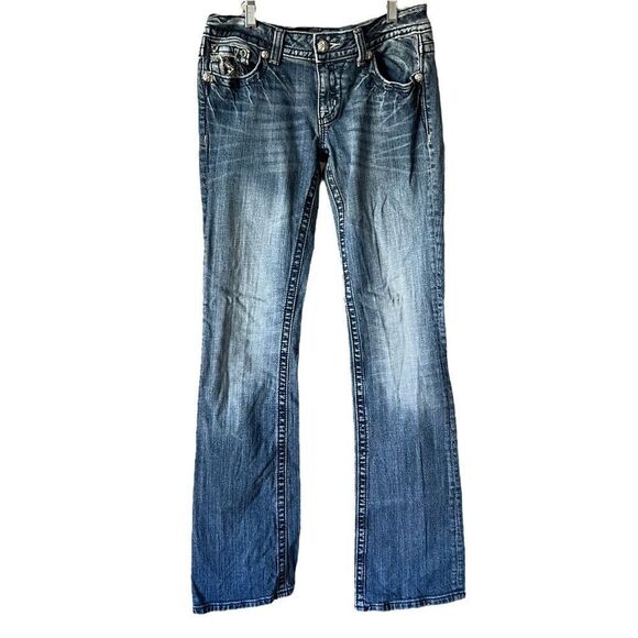 Miss Me JP6151B Boot Cut Low Rise Jeans Crystal Studded Flap Pockets medium wash - Picture 2 of 15